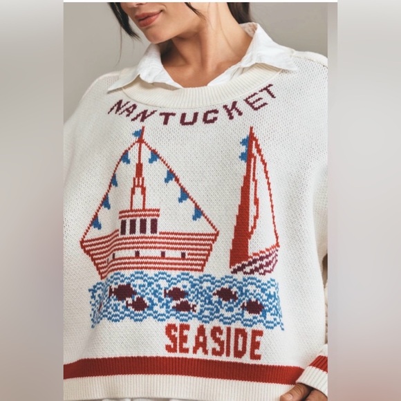 Anthropologie Maeve Nantucket Graphic Cable Knit Sweater - Cream & Red Sz L NWT - Picture 5 of 9